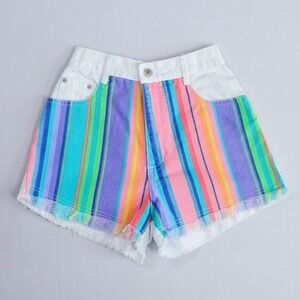 Vintage‎ 90s Steel Jeans Denim Shorts Womens 7 White Rainbow Stripe Fringe USA